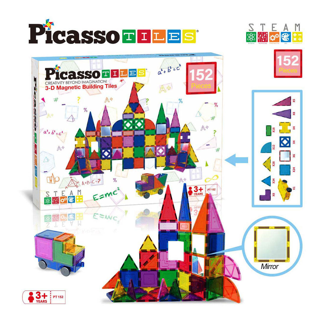 Picasso fliser taktik - byggelegetøj - magnetiske fliser - magnetiske fliser - blokke og spejle sæt - stilk legetøj - kreativt byggelegetøj - 152 stykker - fra 3 år