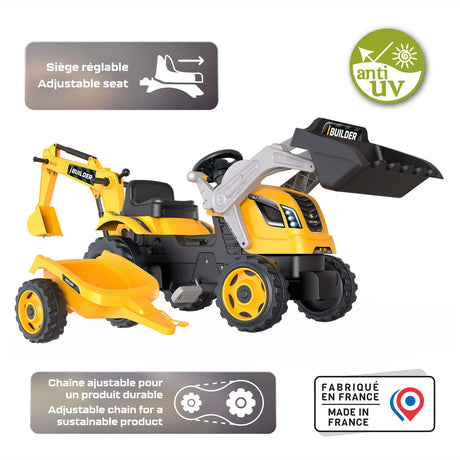 Smoby Builder Max Excavator Tractor med trailer gul