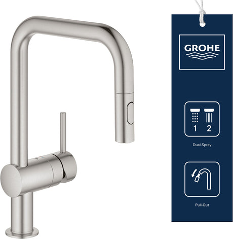 Grohe minta køkkenhane - med udtrækbar håndbruser - 2 stråletyper - rustfrit stål (superstål)