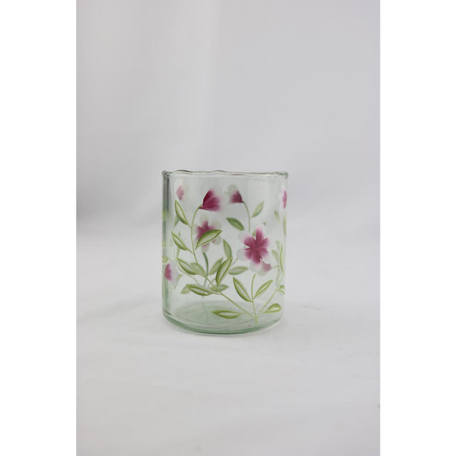 Palæ atmosfære glasvase med lyserøde blomster 9x9x11cm