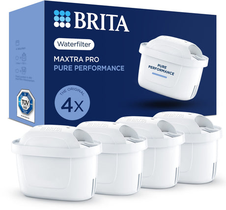 Brita vandfilterpatron maxtra pro pure performance - 4 dele - originalt vandfilter til vandfilterkander - filtrerer urenheder som herbicider, pfas, klor, kalk og metaller
