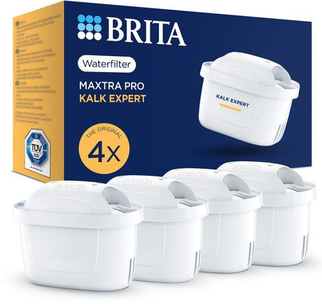Brita vandfilterpatron maxtra pro kalkekspert - 4 stk - originalt vandfilter til alle kander til beskyttelse af apparater med hårdt vand - filtrerer blandt andet kalk, urenheder, klor og metaller