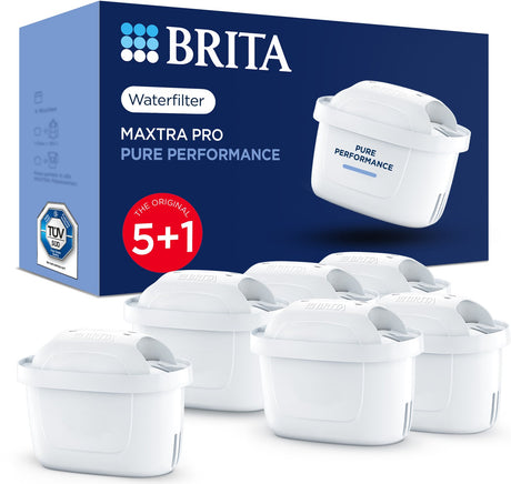 Brita vandfilterpatron maxtra pro pure performance - 5+1 stykker - originalt vandfilter til vandfilterkander - filtrerer urenheder som herbicider, pfas, klor, kalk og metaller