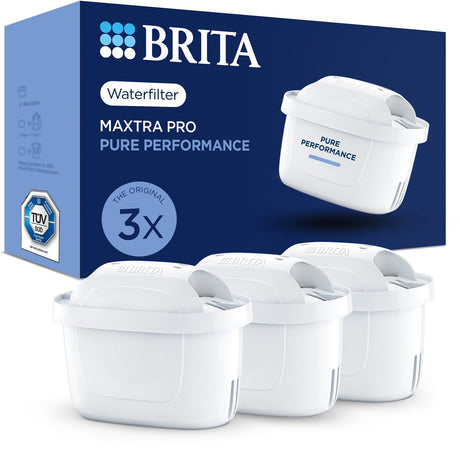 Brita vandfilterpatron maxtra pro pure performance - 3 dele - originalt vandfilter til vandfilterkander - filtrerer urenheder som herbicider, pfas, klor, kalk og metaller