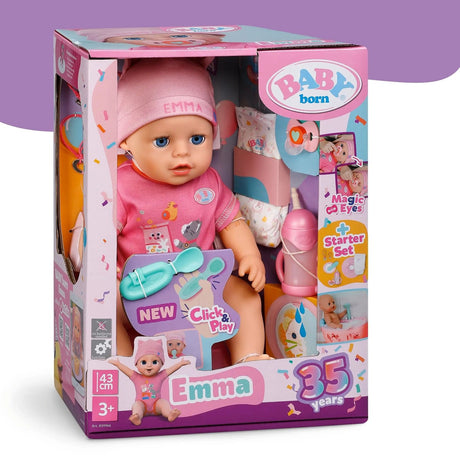 Baby born emma click play, babypop met 10 functies en accessoires, met click play-functie, voor kinderen van 3+ jaar, werkt zonder batterijen, pop van 43 cm