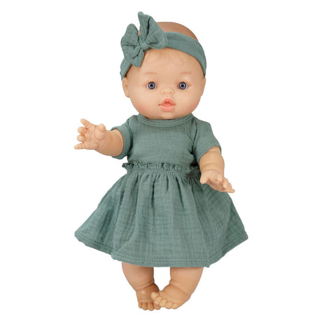 Heless pige babydukke med grøn kjole - 34cm