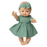 Heless pige babydukke med grøn kjole - 34cm