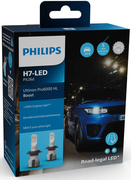 Philips forlygte ultinon pro6000 booster. lampesæt 12v h7 led ultinon pro6000