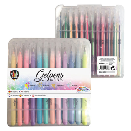 Grafix gelpenne - 48 stk - 12x neonpenne | 12x glitterpenne | 12x metalliske kuglepenne | 12x pastelpenne - gelpenne til børn og voksne |