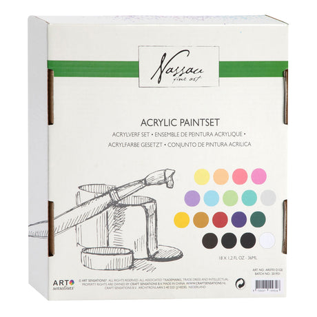 Nassau fine art hobbymaling akrylmaling sæt 18stk - 36ml maling tuber - akryl maling børn og voksne - 9 pastel 9 grundfarver - maling til børn håndværk - børns maling sæt