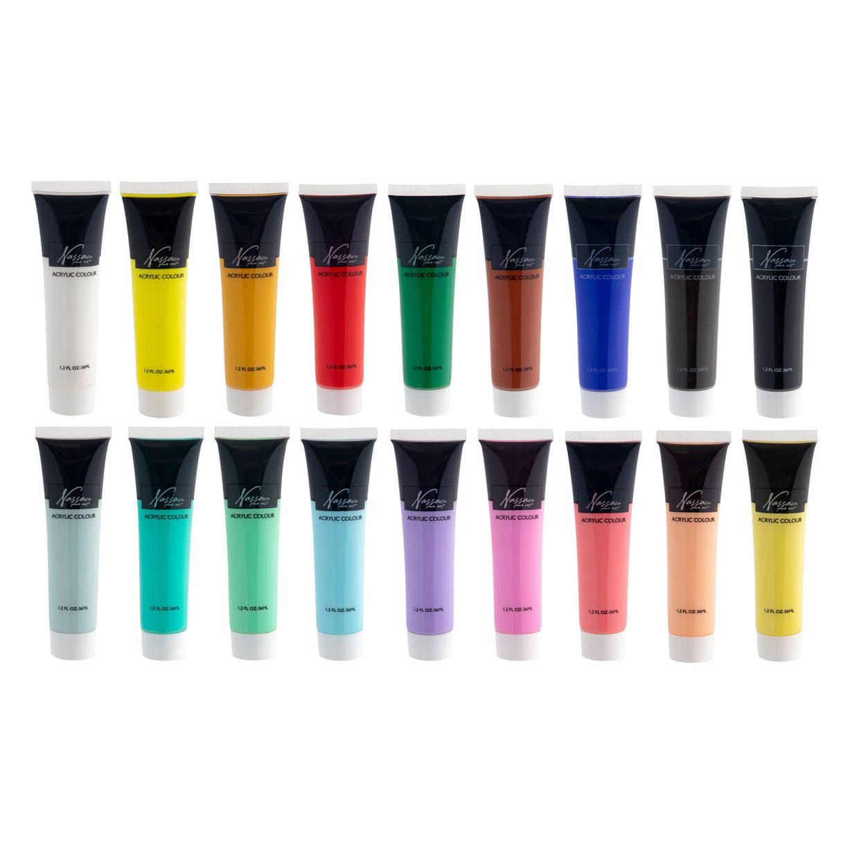 Nassau fine art hobbymaling akrylmaling sæt 18stk - 36ml maling tuber - akryl maling børn og voksne - 9 pastel 9 grundfarver - maling til børn håndværk - børns maling sæt