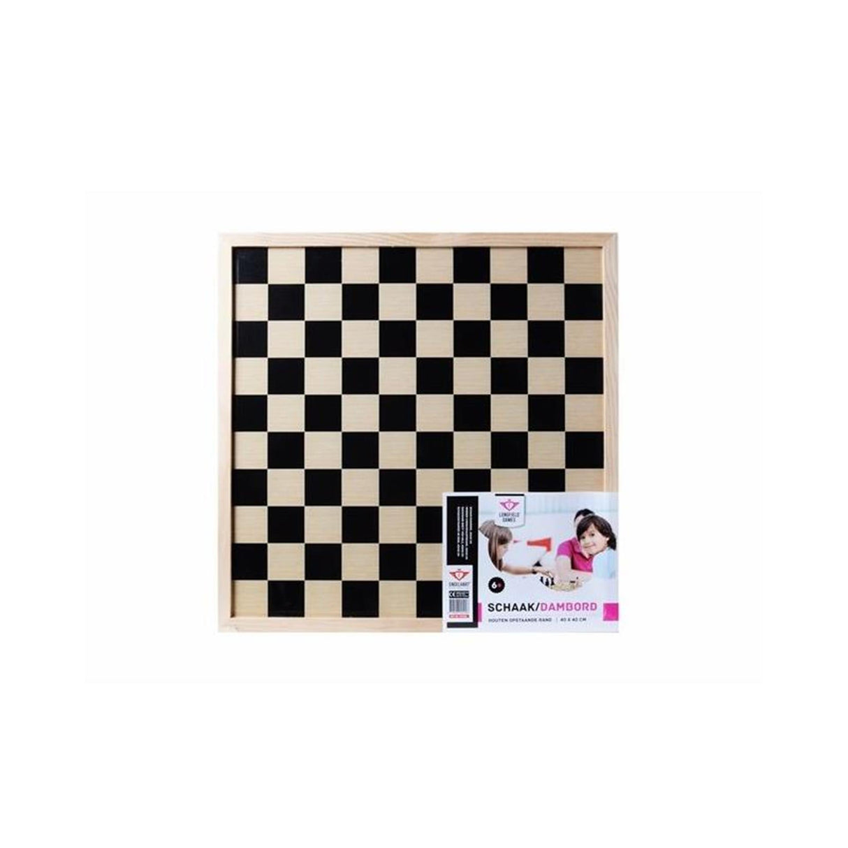 Longfield tosidet skak- og dambræt lavet af træ - stor spilleplade 40 x 40 cm - træplade til skakspil - klassisk brætspil - englehjerte