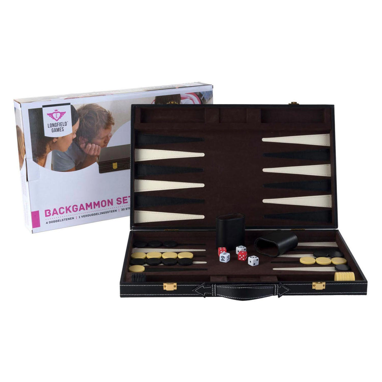 Engelhart backgammon 18 tommer - brunt elfenben syet bord - sort kuffert med håndtag - luksus rejseudgave -