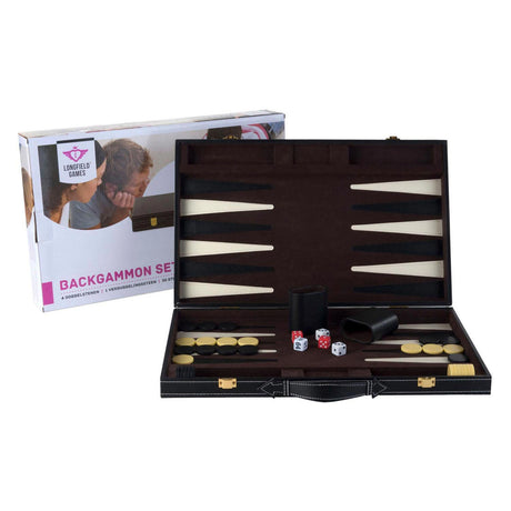 Engelhart backgammon 18 tommer - brunt elfenben syet bord - sort kuffert med håndtag - luksus rejseudgave -