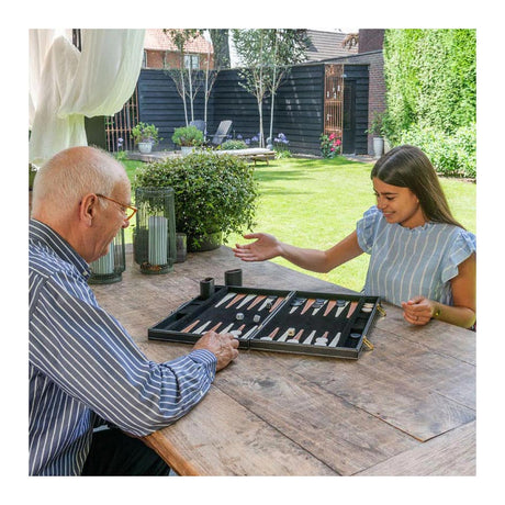 Engelhart backgammon 18 tommer - brunt elfenben syet bord - sort kuffert med håndtag - luksus rejseudgave -