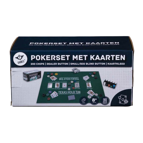Engelhart pokersæt med kort, klud og 200 chips (4 gram) i æske