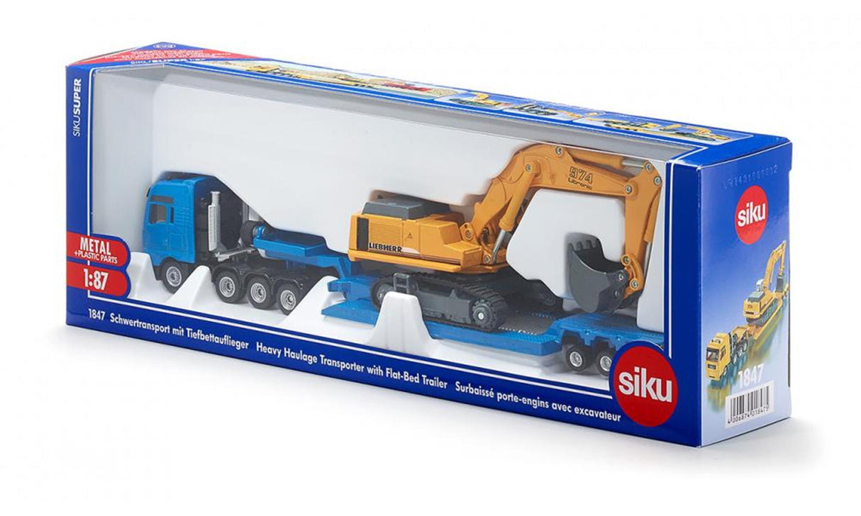 Siku 1847, lastbil med lavlæsser til tung transport, 1:87, metalplast, blågul, aftagelig trailer