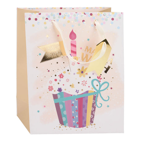 Edco fødselsdagsgavepose - ca. 32x26x12 cm - gavepose til fødselsdag - fødselsdagsgavepose med håndtag - gaveemballage til fødselsdagsgaver - assorteret design - 1 tilfældig pose