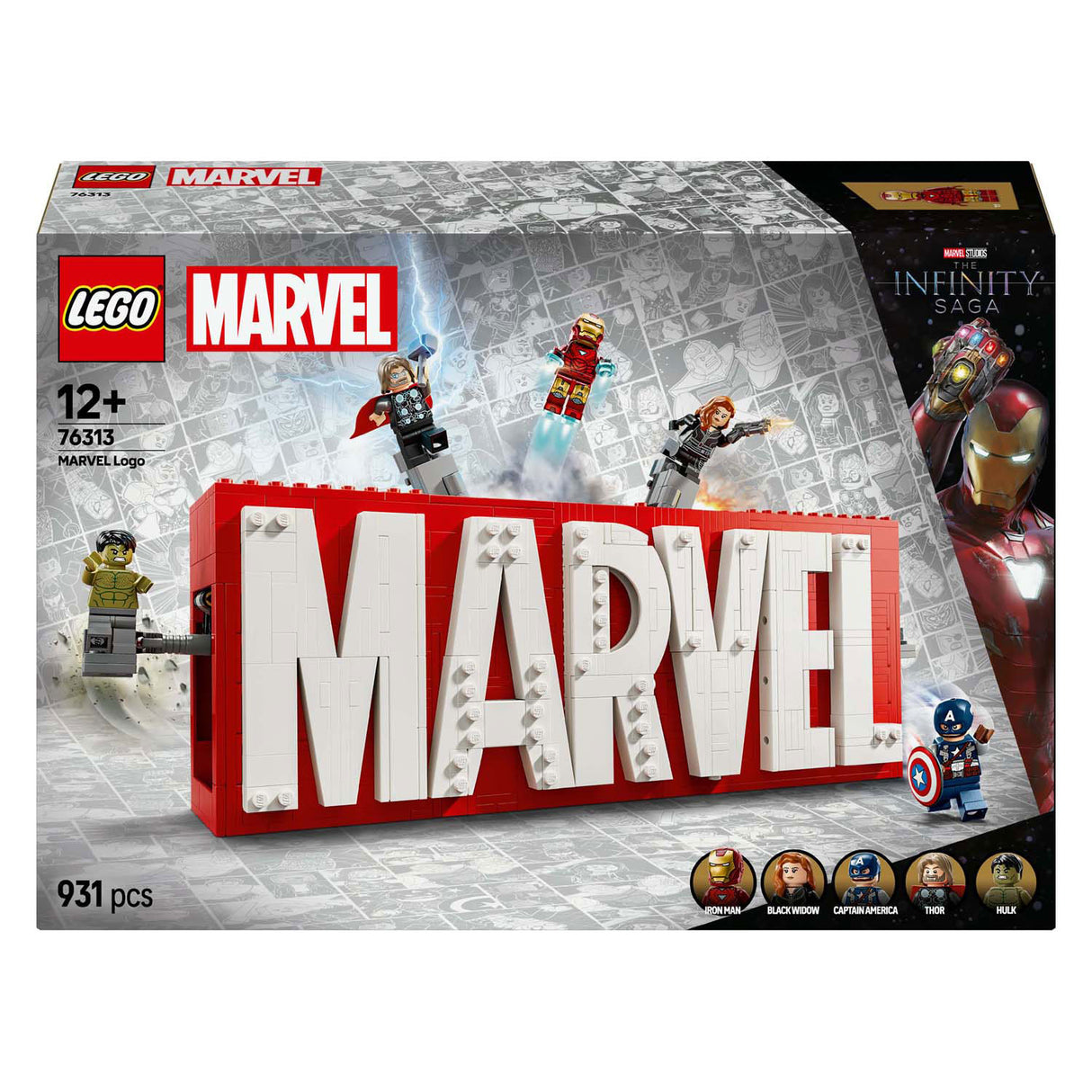 Lego superhelte 76313 marvel logo og minifigurer