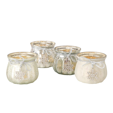 Boltze home fyrfadsstage glas caszina med glitter vedhæng h7,5cm dia8cm sølvbeige