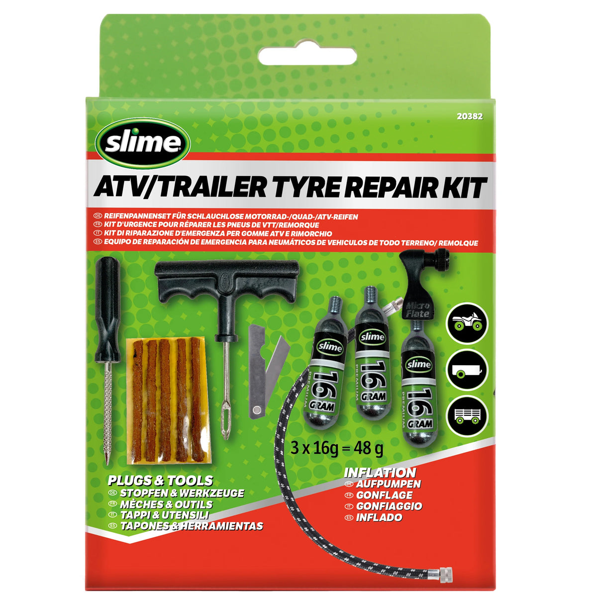 Slime atv trailerdækreparationssæt med co₂-patroner