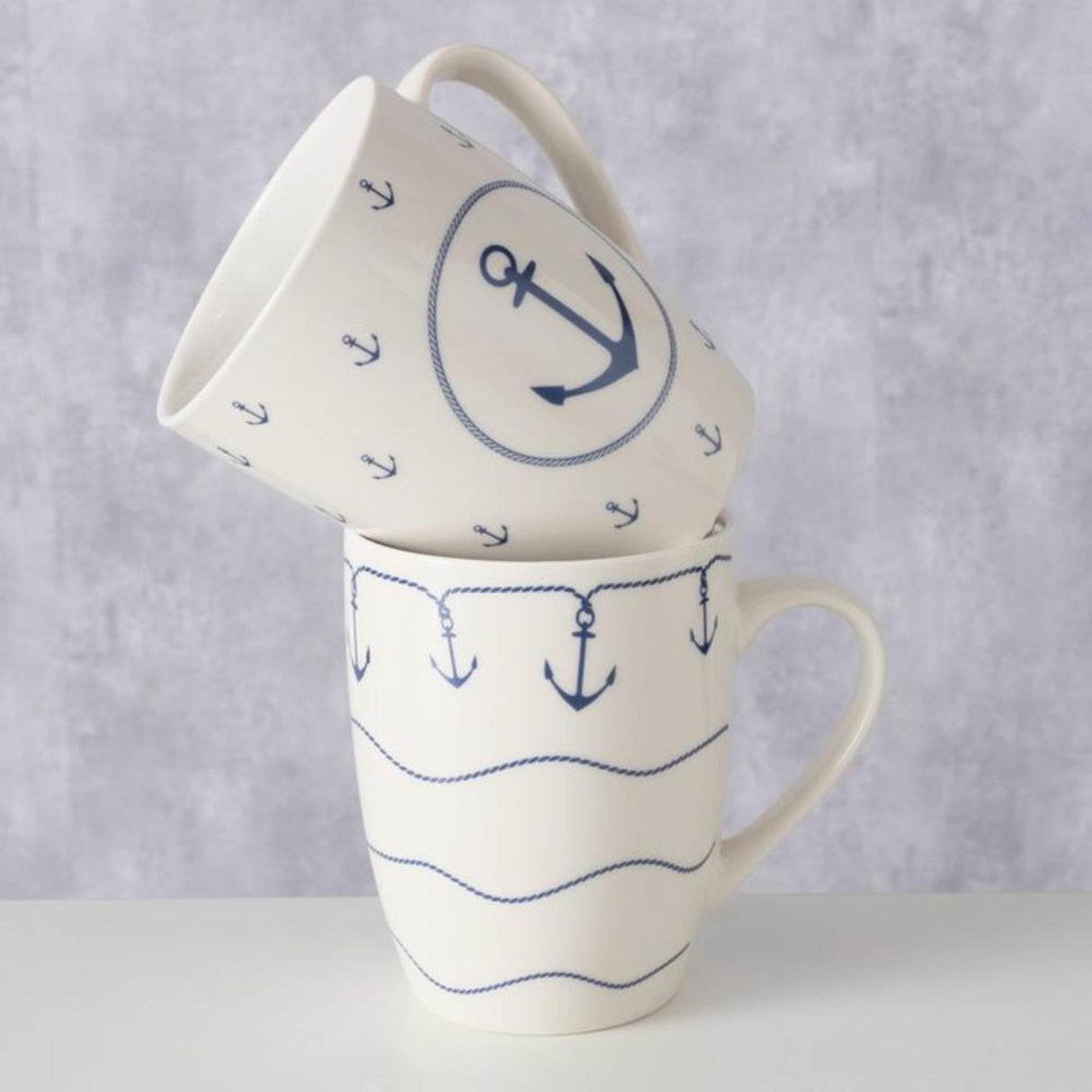 Boltze hjemmekrus 'bã¼sum' 350 ml hvid med blåt ankermotiv dia.8,5x10,5cm porcelæn 2 assorteret