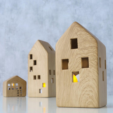 Boltze home theelichthouder huis hans 3-delig dolomiet h7,2-18,2cm b6,5-7,2cm hout-look bruin
