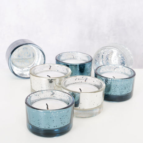 Boltze home fyrfadsstage balos glas 4-delt rund h3,3cm sølvblå
