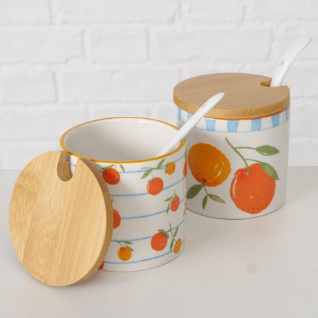 Boltze home appelsin syltetøjsglas med ske dia8,5x9cm 170ml dolomit med bambus låg i 2 versioner