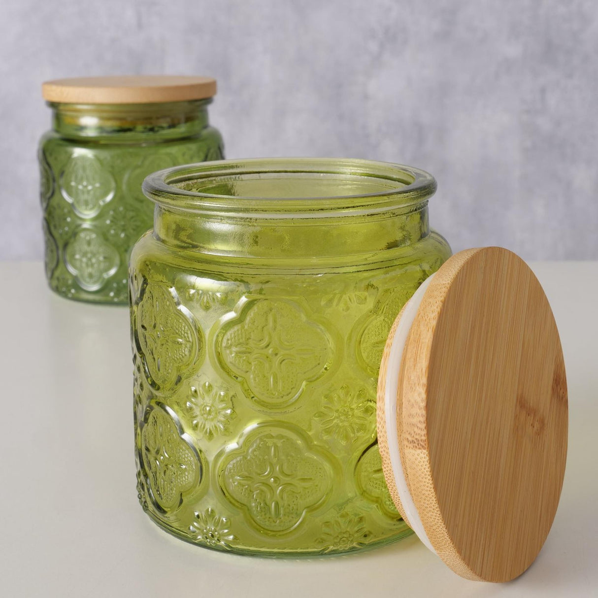 Boltze hjemmeopbevaringskrukke imola 500 ml dia10x11cm glas lakeret med bambus låg grøn