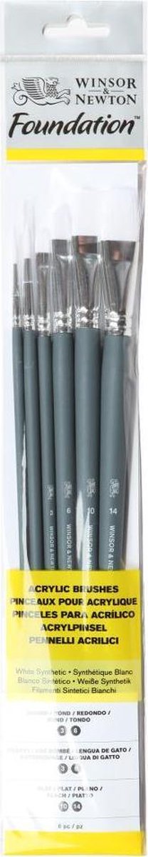 Winsor Newton 5295008 Foundation Akryl børster Sæt – Langt håndtag – 6-delt (rund, Filbert Flat) til Akryl Oliemaling