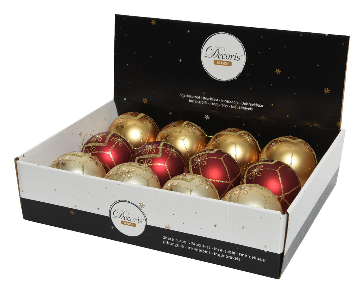 Decoris julekugler mix 12 stk perle guld rød