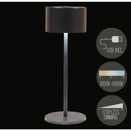 Annas kollektion genopladelige bordlampe cylinder varm hvid dæmpbar inklusive USB kabel 8x22cm sort