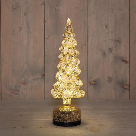 Anna's collection beeld kerstboompje led op voet draaiend met timer glas 11x11x33cm goud en sneeuw werkt op batterij en usb c