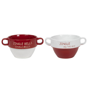 Soepkom rood wit, jingle bells ø12.5x8.5cm 2 assorti keramiek