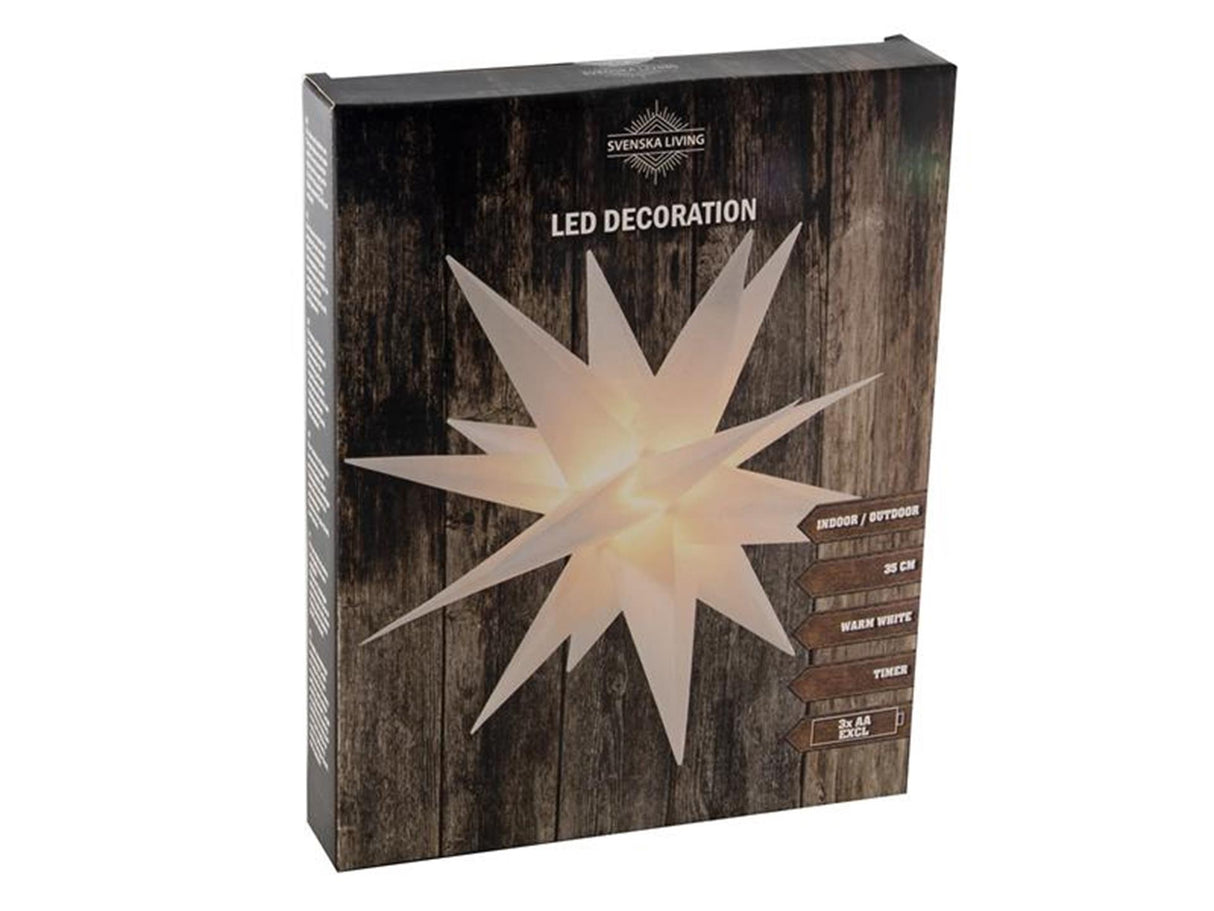 Svenska living star 3D lavet af plastik 35cm hvid med 4xLED varm hvid og timer virker på 3xaa (ekskl.) batterier