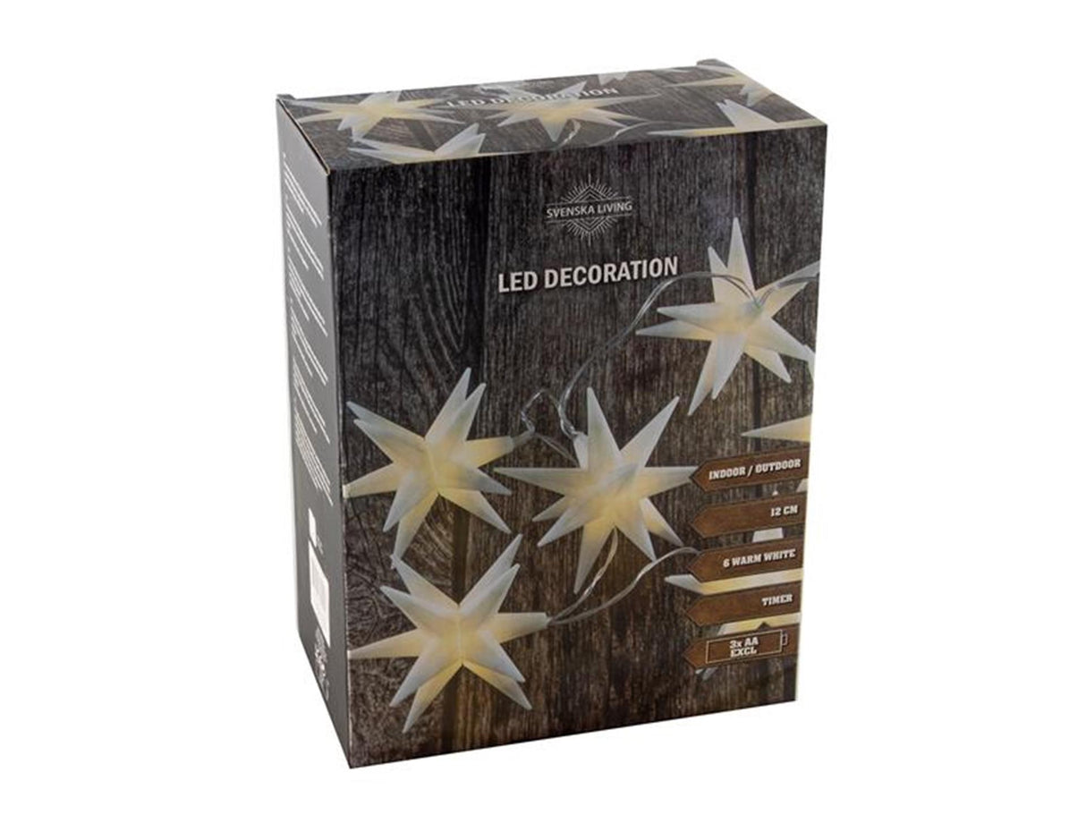 Svenska living string lighting star white lavet af plast 12cm med 6 LED lamper varm hvid og timer virker på 3xaa (ekskl.)