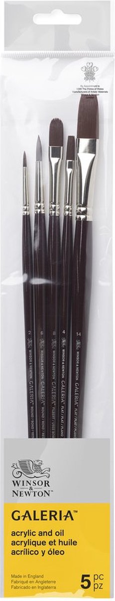 Winsor Newton 5790611 Galeria akrylbørstesæt – 5 børster med lange skafter til akrylmaling (runde 2, runde 6, flad 4, flad 14, filbert 8)