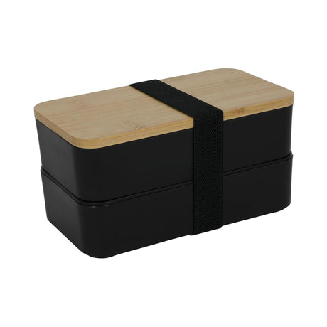 Madkasse med bestik dobbelt med bambus låg 18x10x9,5cm sort plast