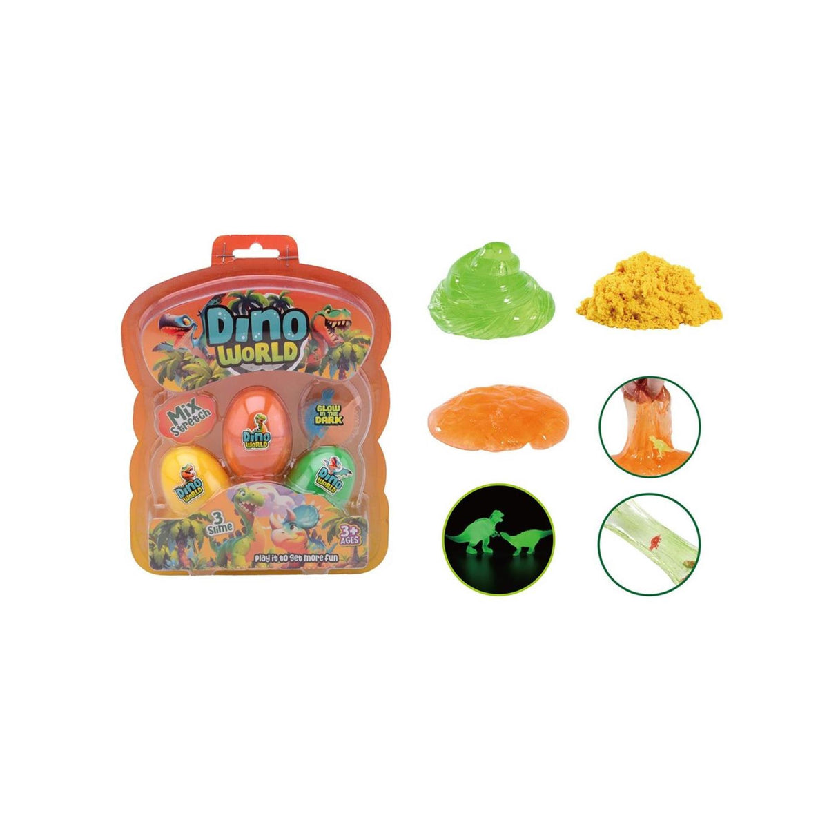 Johntoy dino world 3 slimæg med glød i mørket dino