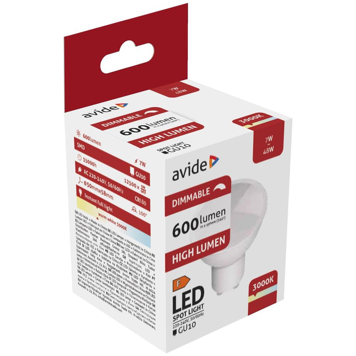 Avide LED spotlampe dæmpbar 7W Gu10 armatur 3000 Kelvin varm hvid max. 600 lumen