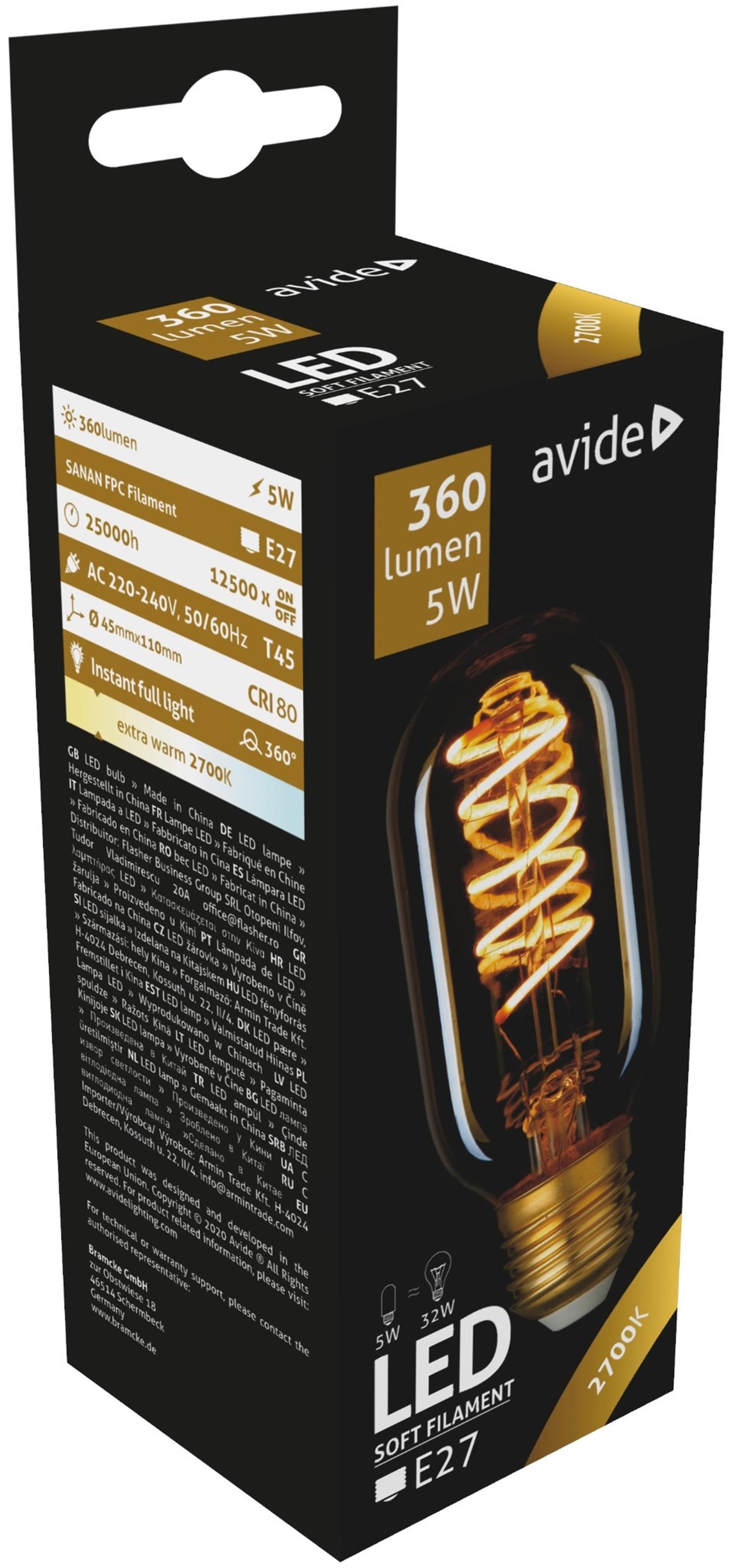 Avide LED lampe T45 5W E27 2700K 360lm