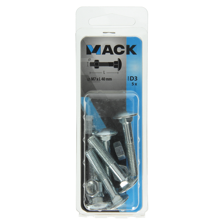 Mack 1017576 - træbolt + møtrik galvaniseret stål 5 stk m7 x 40 mm | 5 stk