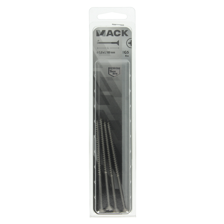 Mack 1019759 - spånplade skrue vz hoved rustfrit stål 4 stk 5,0 x100 mm | 5 stk