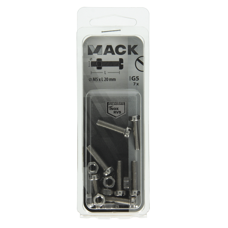 Mack 1019825 - metal skrue cyl. hoved + møtrik rustfrit stål 7 stk m5x20 | 10 stk