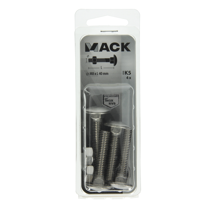 Mack 1019915 - træbolt + møtrik rustfrit stål 4 stk m8 x 40 mm | 5 stk