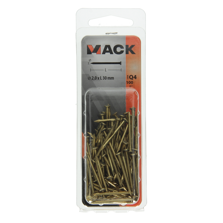 Mack 1017925 - søm fladt hoved messing 100gr2.0 x 30 mm | 5 stk