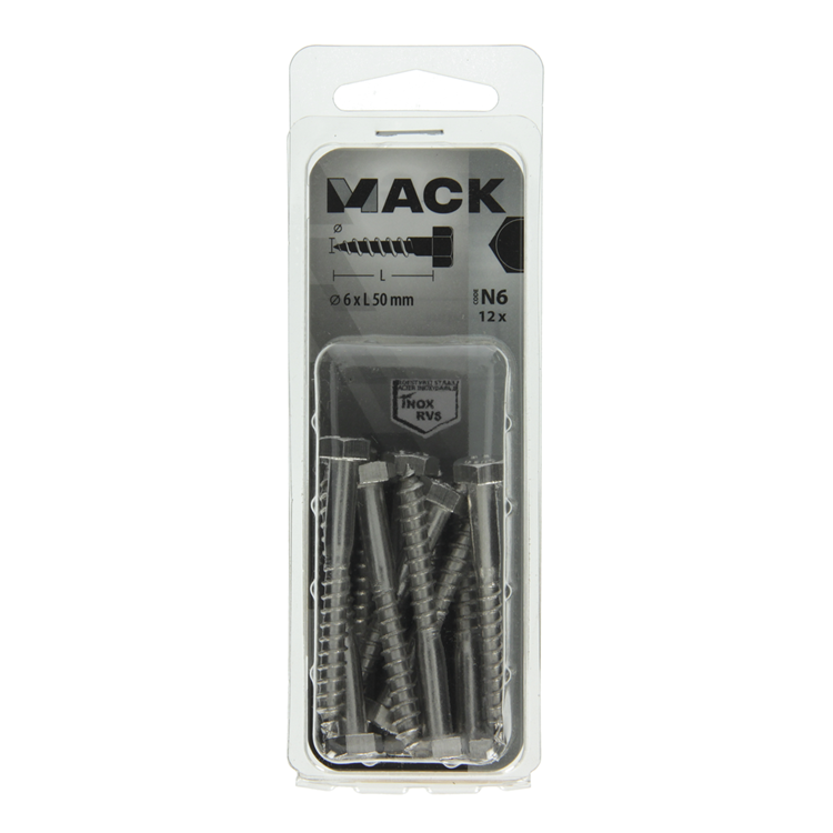 Mack 1020009 - trægevindbolt rustfrit stål 12 stk 6 x 50 mm | 5 stk