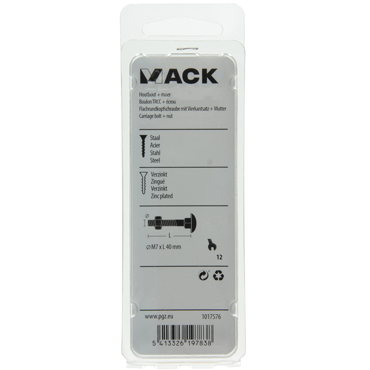 Mack 1017576 - træbolt + møtrik galvaniseret stål 5 stk m7 x 40 mm | 5 stk