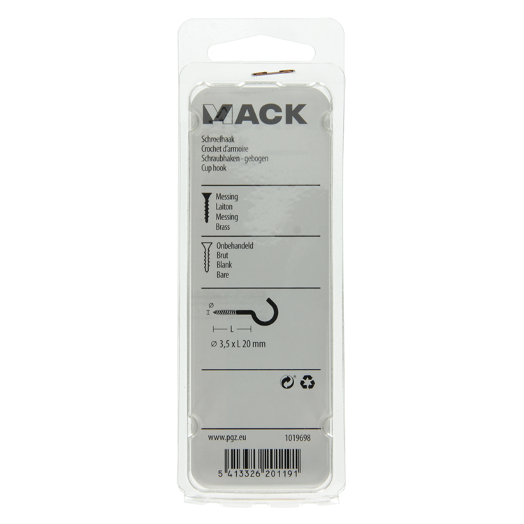 Mack 1019698 - skruekrog messing 3 stk 3,5 x 20mm | 10 stk